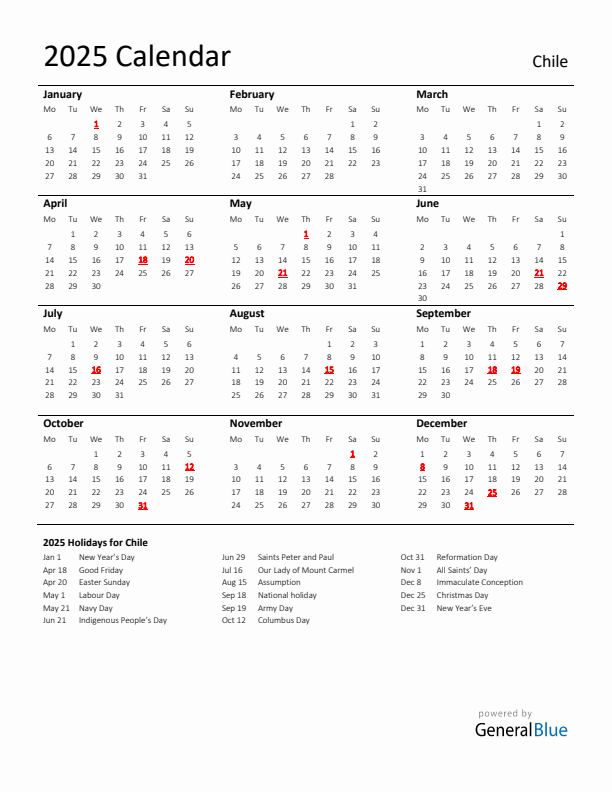 Standard Holiday Calendar for 2025 with Chile Holidays