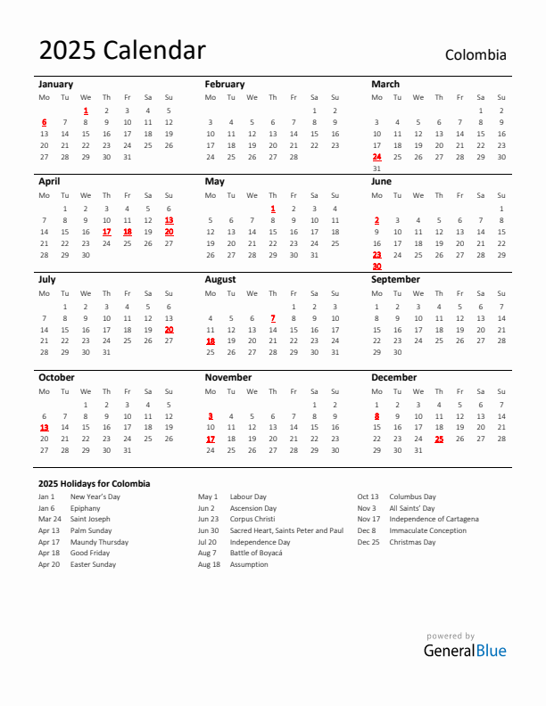 Standard Holiday Calendar for 2025 with Colombia Holidays