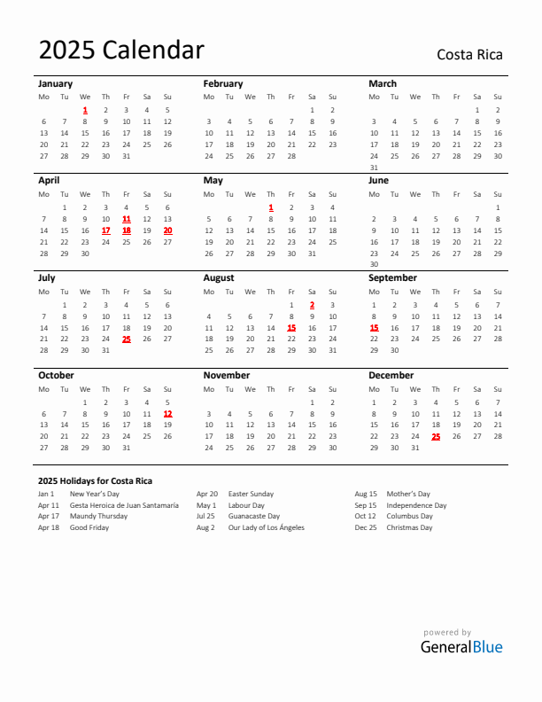 Standard Holiday Calendar for 2025 with Costa Rica Holidays