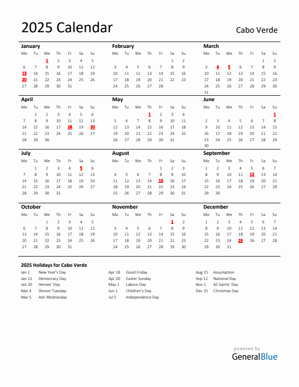 Standard Holiday Calendar for 2025 with Cabo Verde Holidays