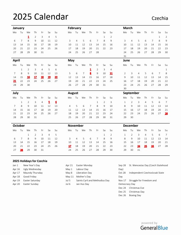 Standard Holiday Calendar for 2025 with Czechia Holidays 