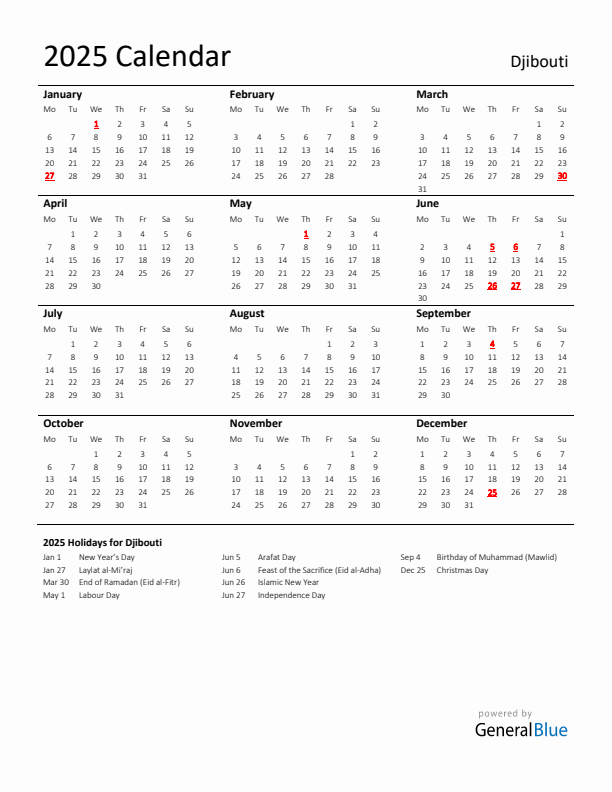 Standard Holiday Calendar for 2025 with Djibouti Holidays 