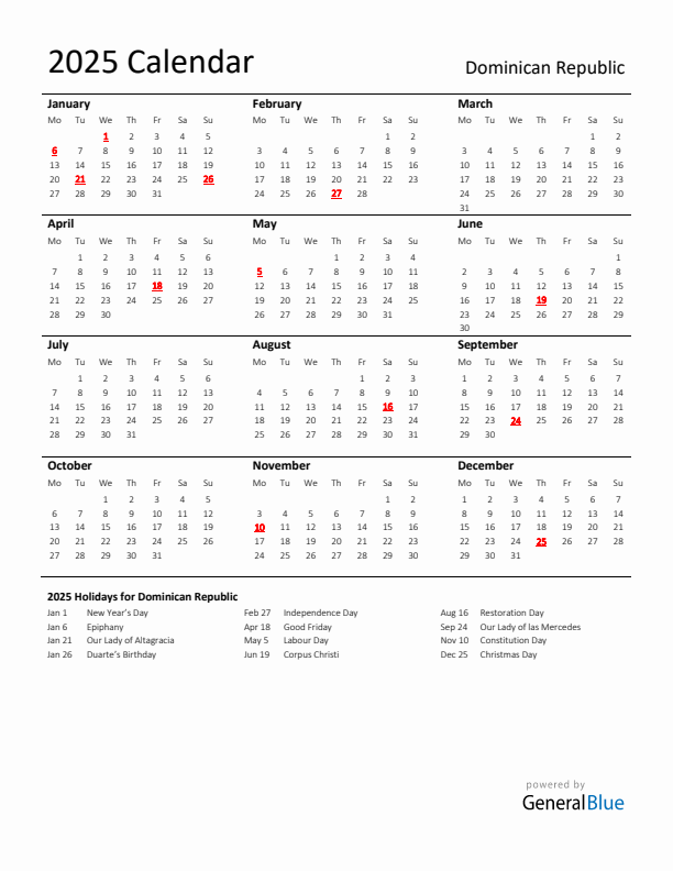 Standard Holiday Calendar for 2025 with Dominican Republic Holidays