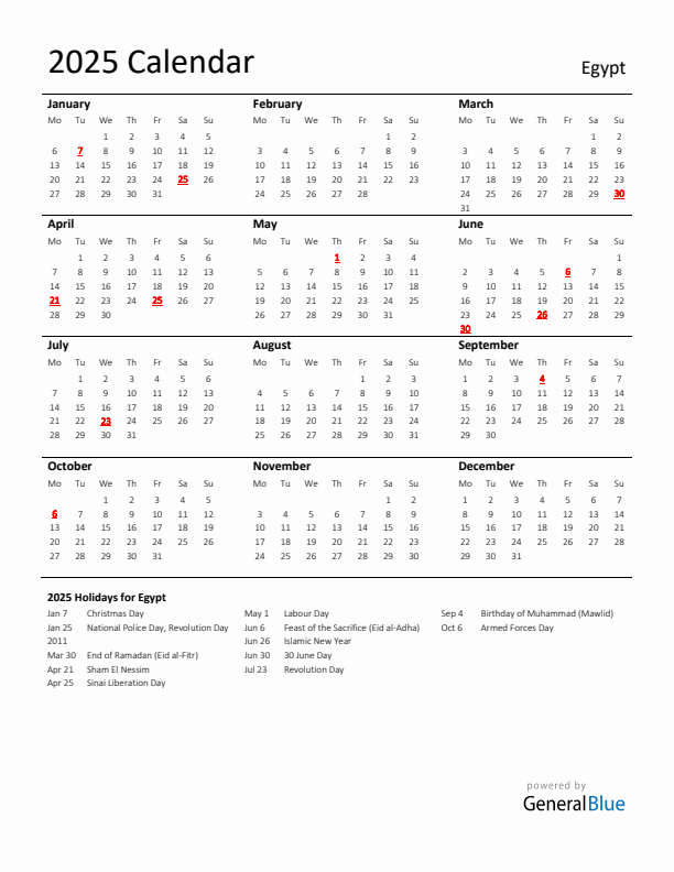 Standard Holiday Calendar for 2025 with Egypt Holidays