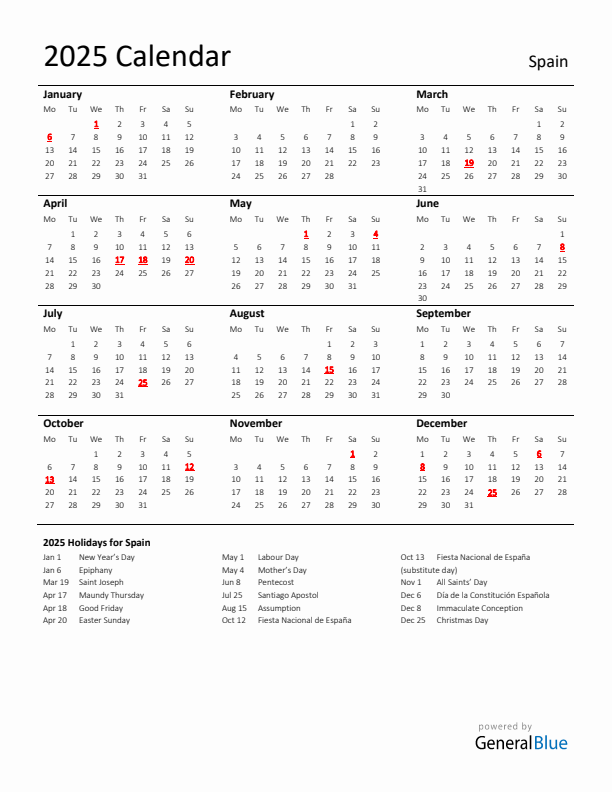 Standard Holiday Calendar for 2025 with Spain Holidays