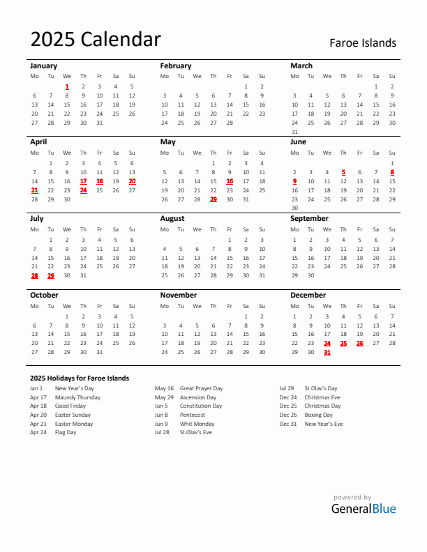 Standard Holiday Calendar for 2025 with Faroe Islands Holidays