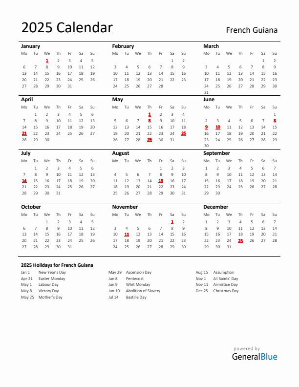 Standard Holiday Calendar for 2025 with French Guiana Holidays