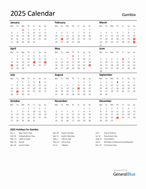 Standard Holiday Calendar for 2025 with Gambia Holidays 