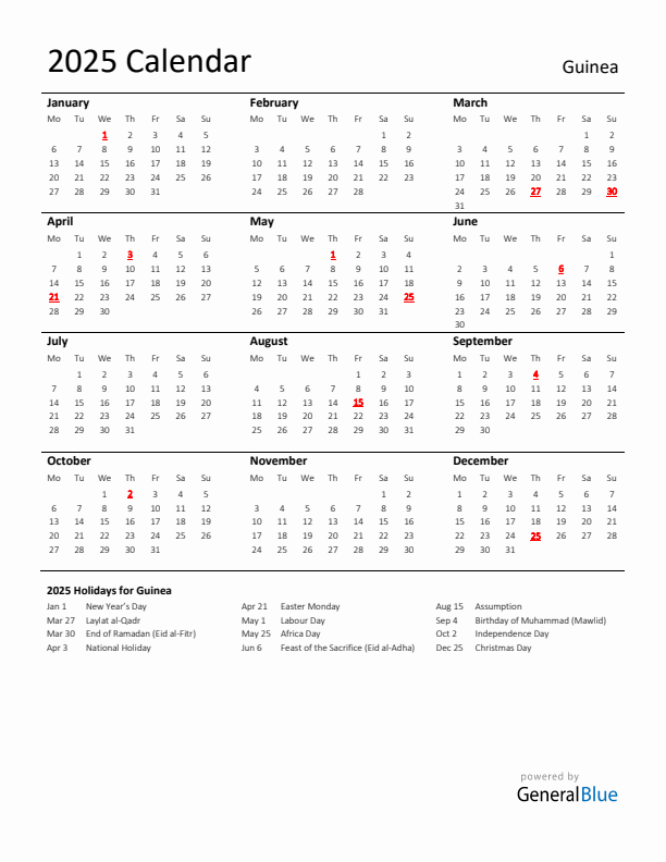 Standard Holiday Calendar for 2025 with Guinea Holidays 