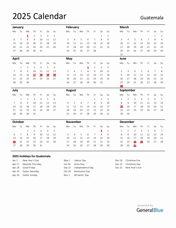 Standard Holiday Calendar for 2025 with Guatemala Holidays