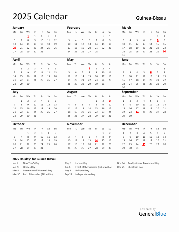 Standard Holiday Calendar for 2025 with Guinea-Bissau Holidays 