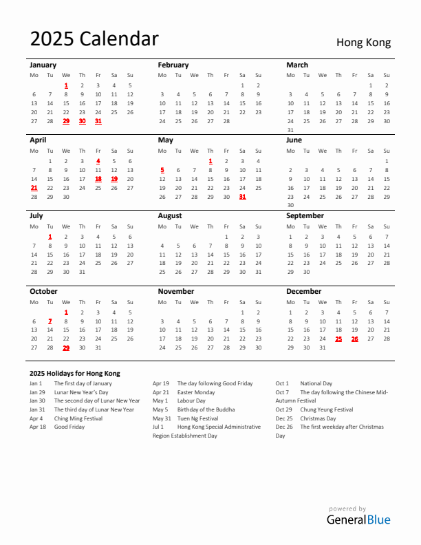 Standard Holiday Calendar for 2025 with Hong Kong Holidays 