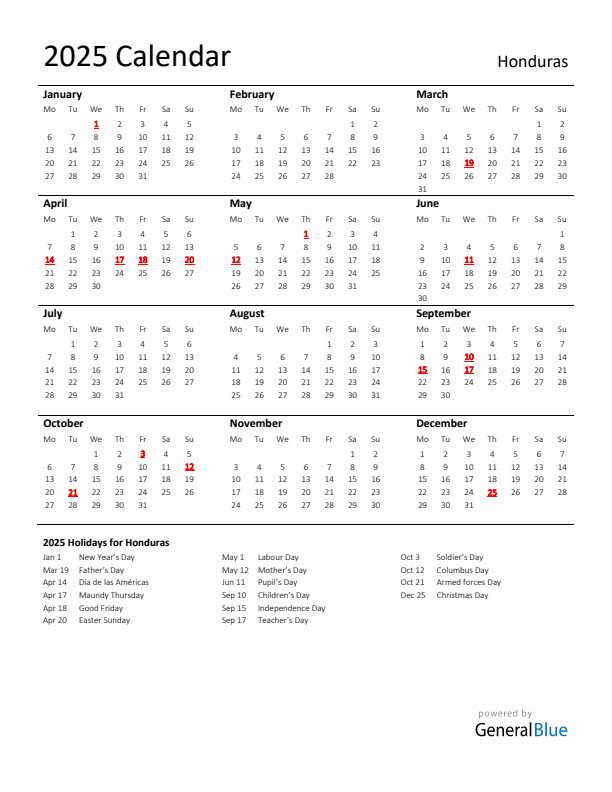 Standard Holiday Calendar for 2025 with Honduras Holidays