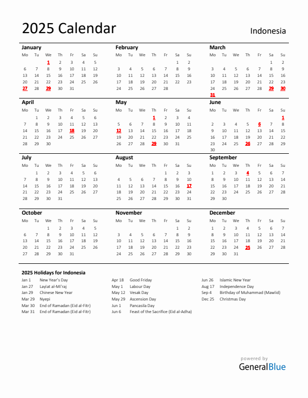 Standard Holiday Calendar for 2025 with Indonesia Holidays 