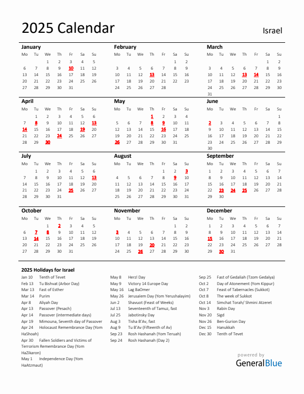 Standard Holiday Calendar for 2025 with Israel Holidays 