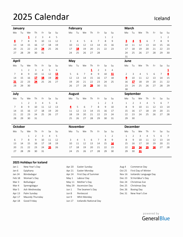 Standard Holiday Calendar for 2025 with Iceland Holidays