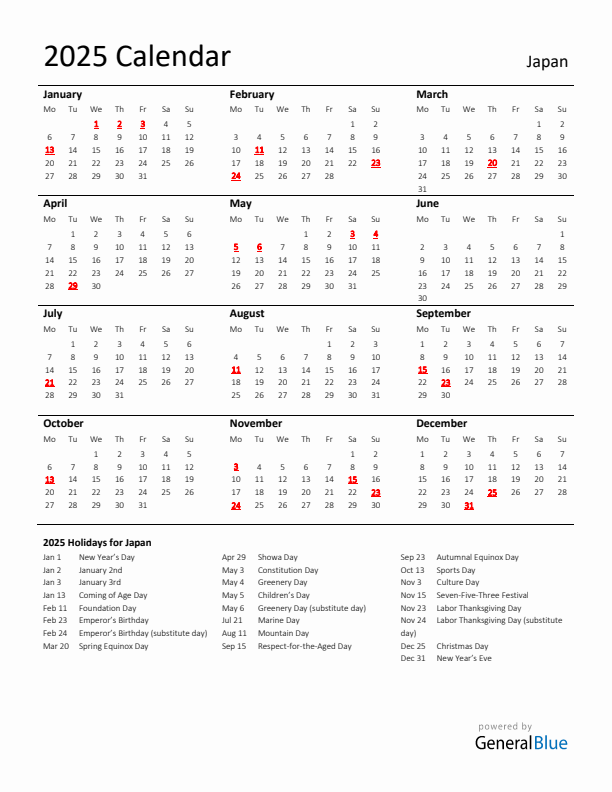 Standard Holiday Calendar for 2025 with Japan Holidays