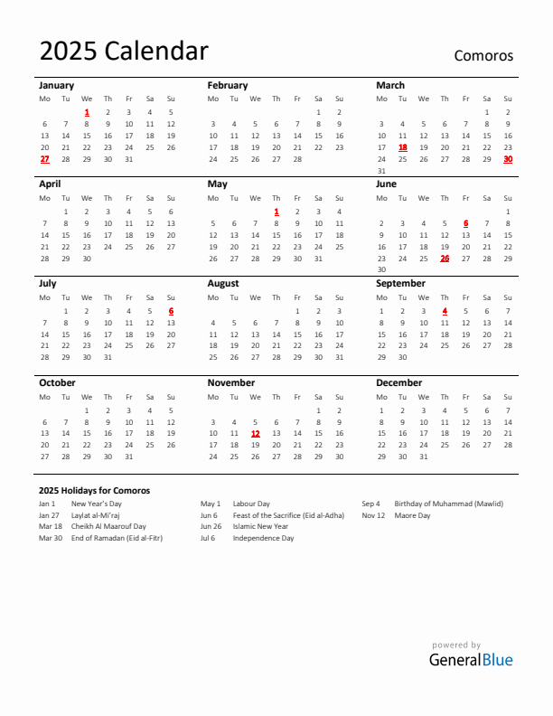 Standard Holiday Calendar for 2025 with Comoros Holidays 
