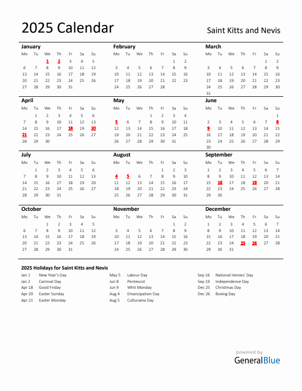 Standard Holiday Calendar for 2025 with Saint Kitts and Nevis Holidays 