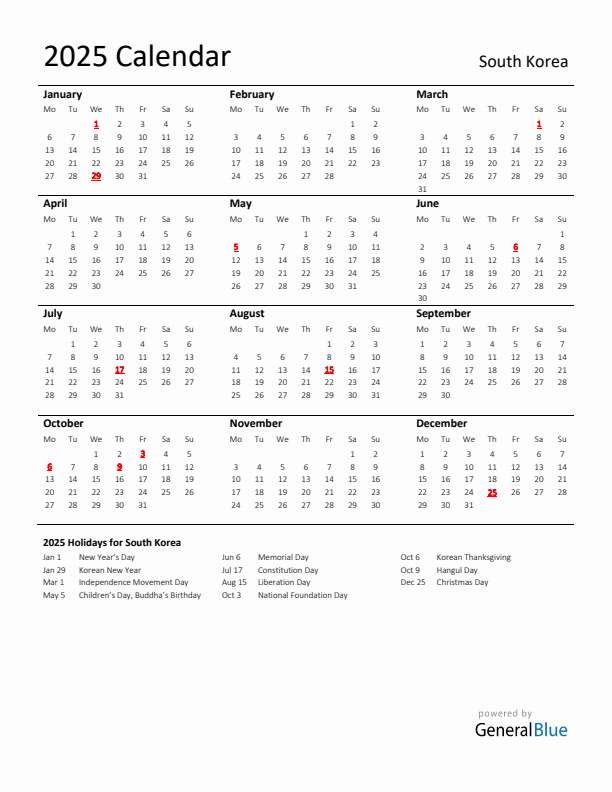 Standard Holiday Calendar for 2025 with South Korea Holidays
