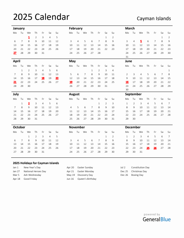 Standard Holiday Calendar for 2025 with Cayman Islands Holidays 