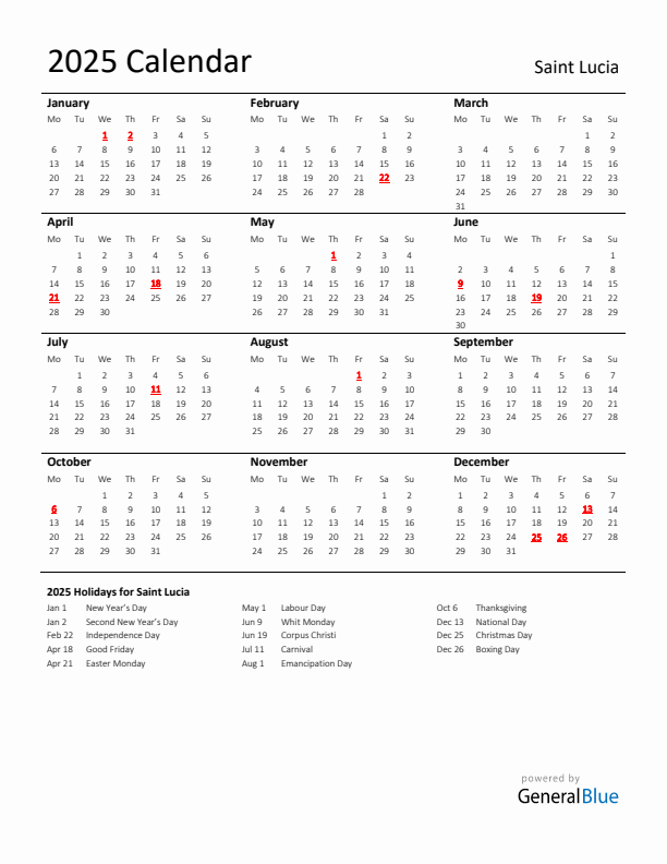 Standard Holiday Calendar for 2025 with Saint Lucia Holidays 