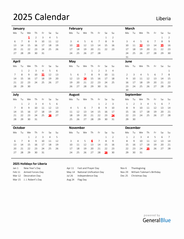 Standard Holiday Calendar for 2025 with Liberia Holidays 