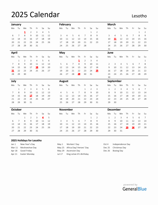 Standard Holiday Calendar for 2025 with Lesotho Holidays