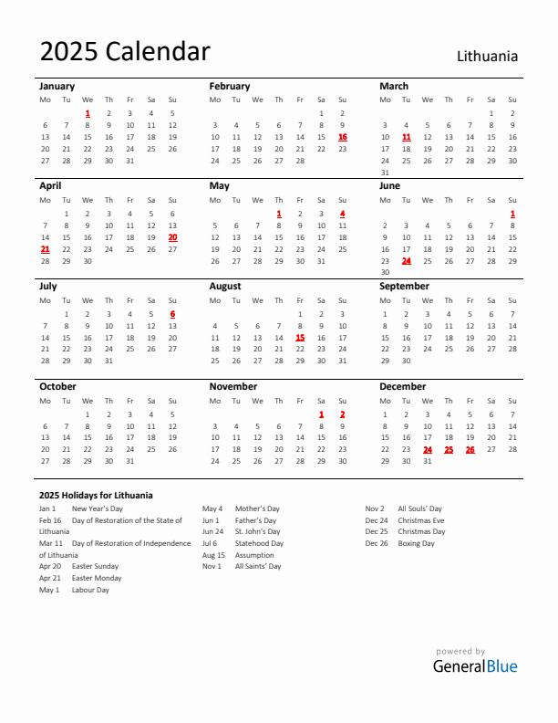 Standard Holiday Calendar for 2025 with Lithuania Holidays 