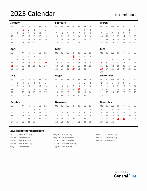Standard Holiday Calendar for 2025 with Luxembourg Holidays