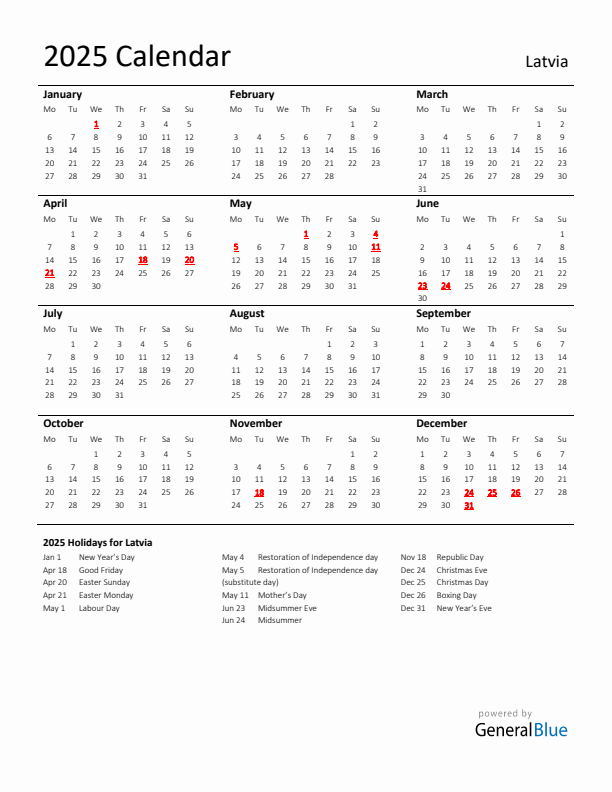 Standard Holiday Calendar for 2025 with Latvia Holidays