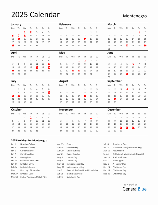 Standard Holiday Calendar for 2025 with Montenegro Holidays