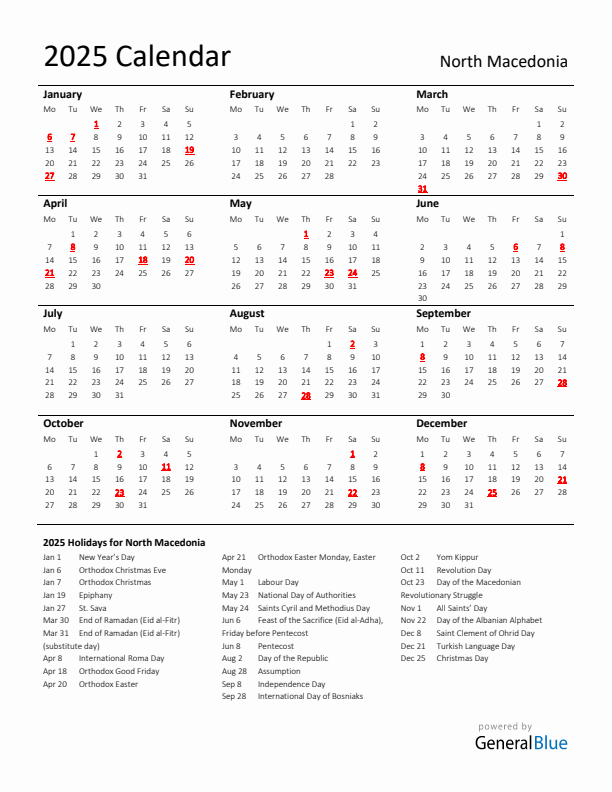 Standard Holiday Calendar for 2025 with North Macedonia Holidays 