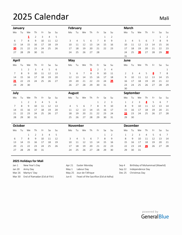 Standard Holiday Calendar for 2025 with Mali Holidays 