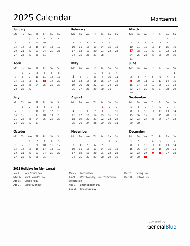 Standard Holiday Calendar for 2025 with Montserrat Holidays 