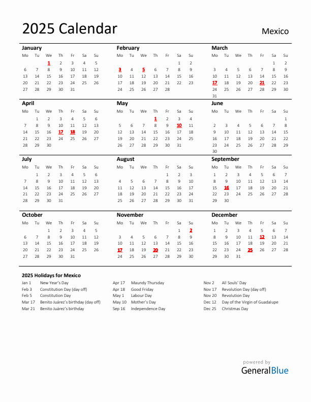 Standard Holiday Calendar for 2025 with Mexico Holidays