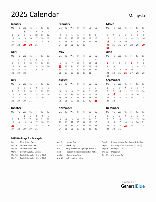 Standard Holiday Calendar for 2025 with Malaysia Holidays 