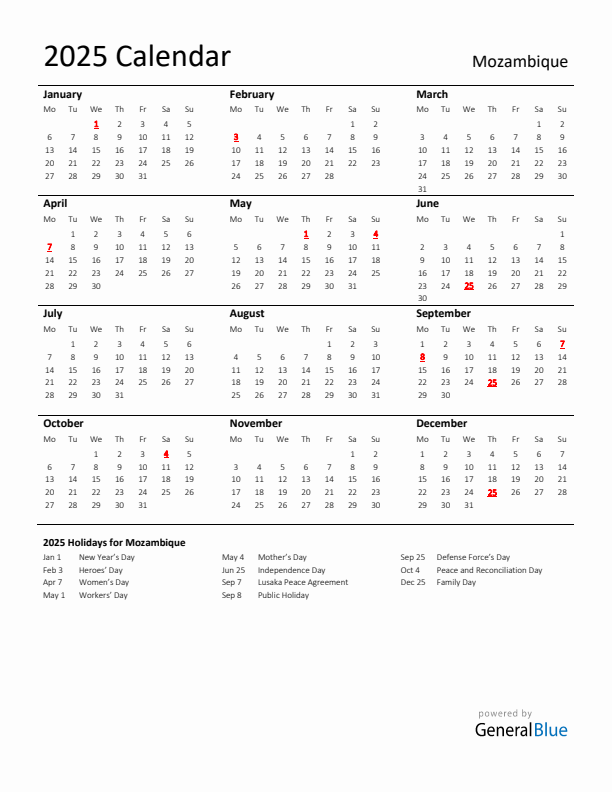 Standard Holiday Calendar for 2025 with Mozambique Holidays