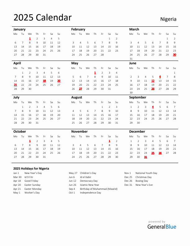 Standard Holiday Calendar for 2025 with Nigeria Holidays 