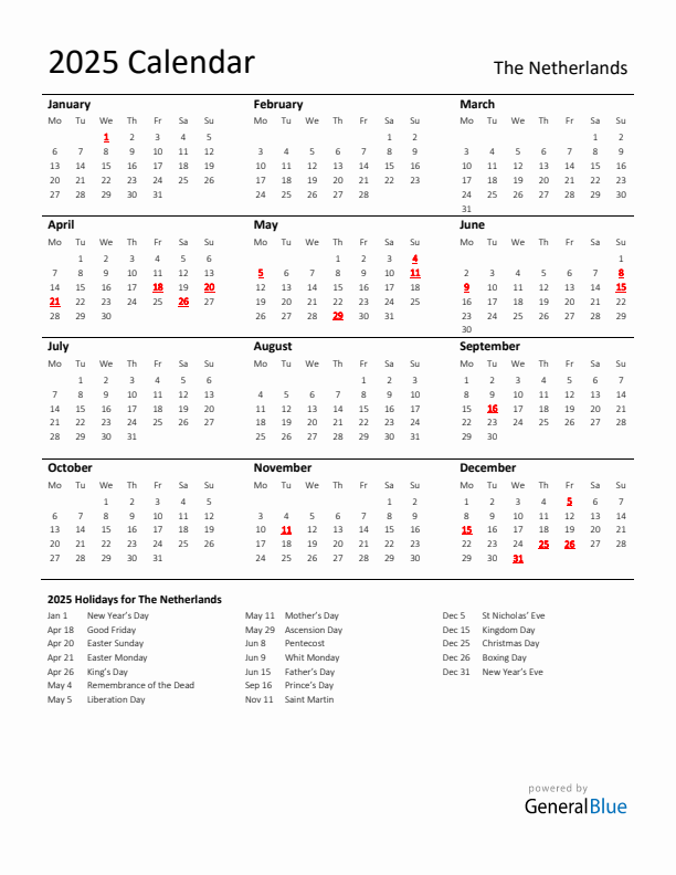 Standard Holiday Calendar for 2025 with The Netherlands Holidays