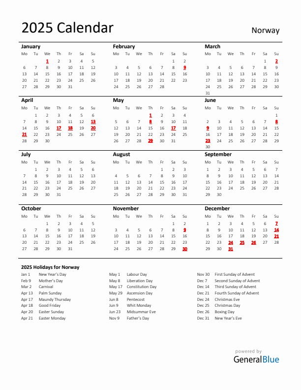 Standard Holiday Calendar for 2025 with Norway Holidays