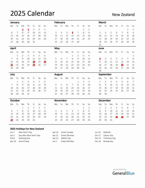 Standard Holiday Calendar for 2025 with New Zealand Holidays