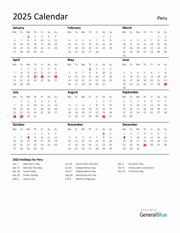 Standard Holiday Calendar for 2025 with Peru Holidays