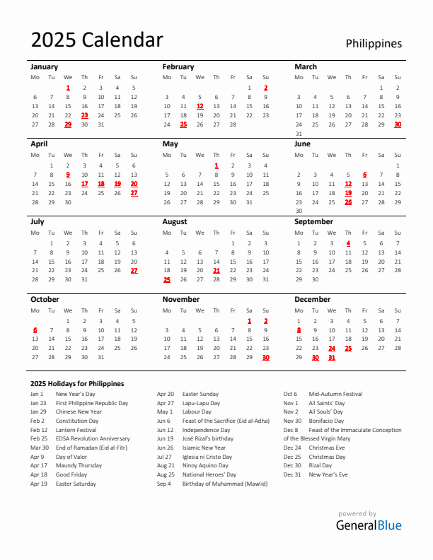 Standard Holiday Calendar for 2025 with Philippines Holidays