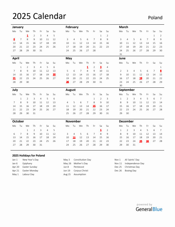 Standard Holiday Calendar for 2025 with Poland Holidays