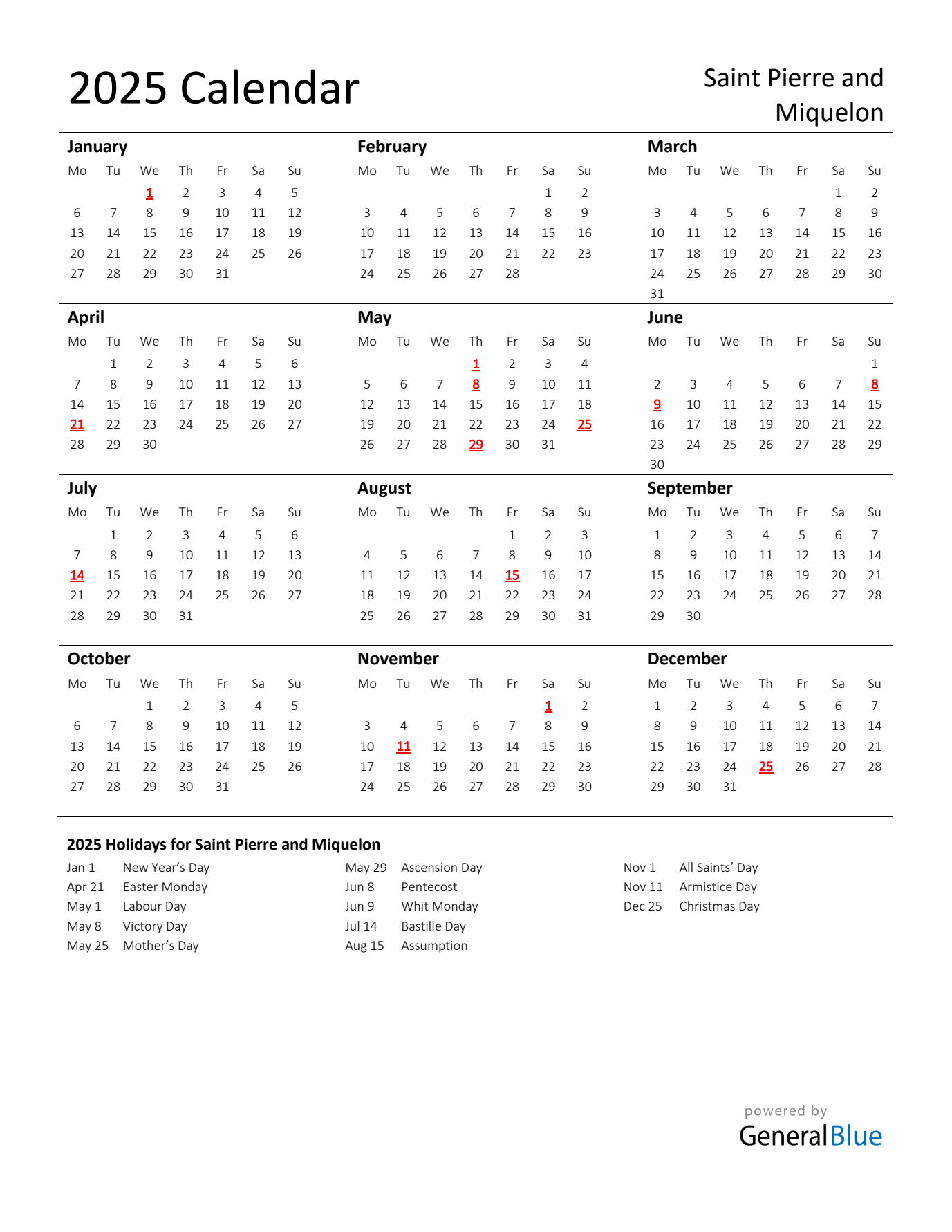 Standard Holiday Calendar for 2025 with Saint Pierre and Miquelon Holidays