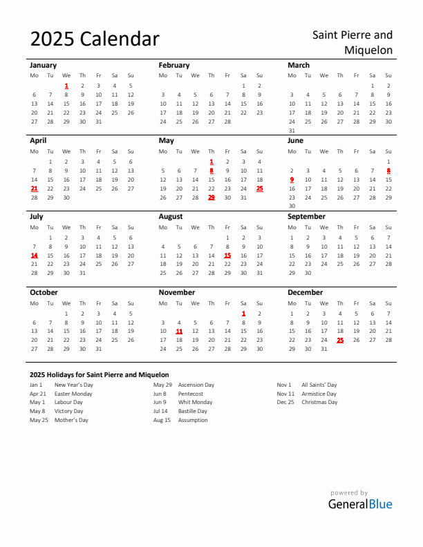 Standard Holiday Calendar for 2025 with Saint Pierre and Miquelon Holidays 