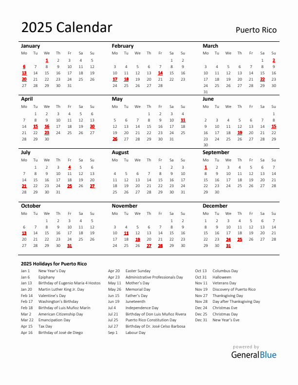 Standard Holiday Calendar for 2025 with Puerto Rico Holidays 