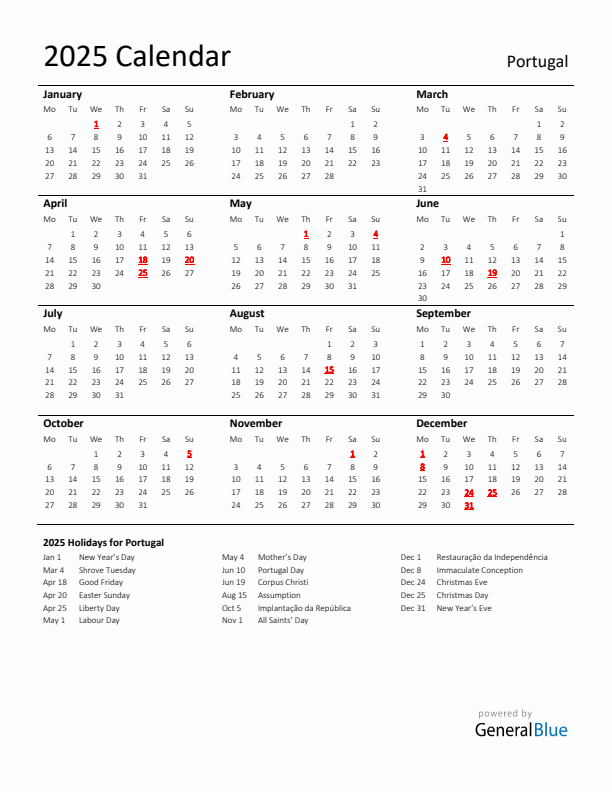 Standard Holiday Calendar for 2025 with Portugal Holidays