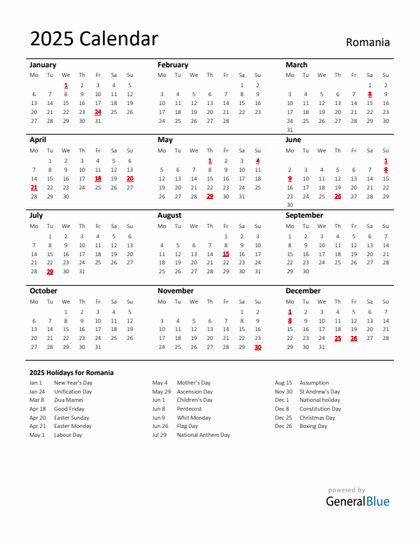 Standard Holiday Calendar for 2025 with Romania Holidays